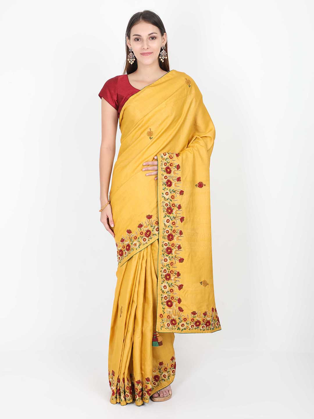 SABOO COLLECTIONS Mustard & Brown Embroidered Tussar Saree