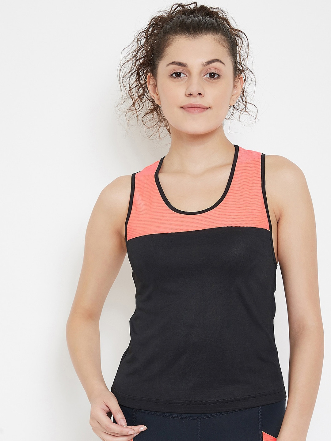 JUMP USA Women Black & Peach-Coloured Colourblocked Tank Top
