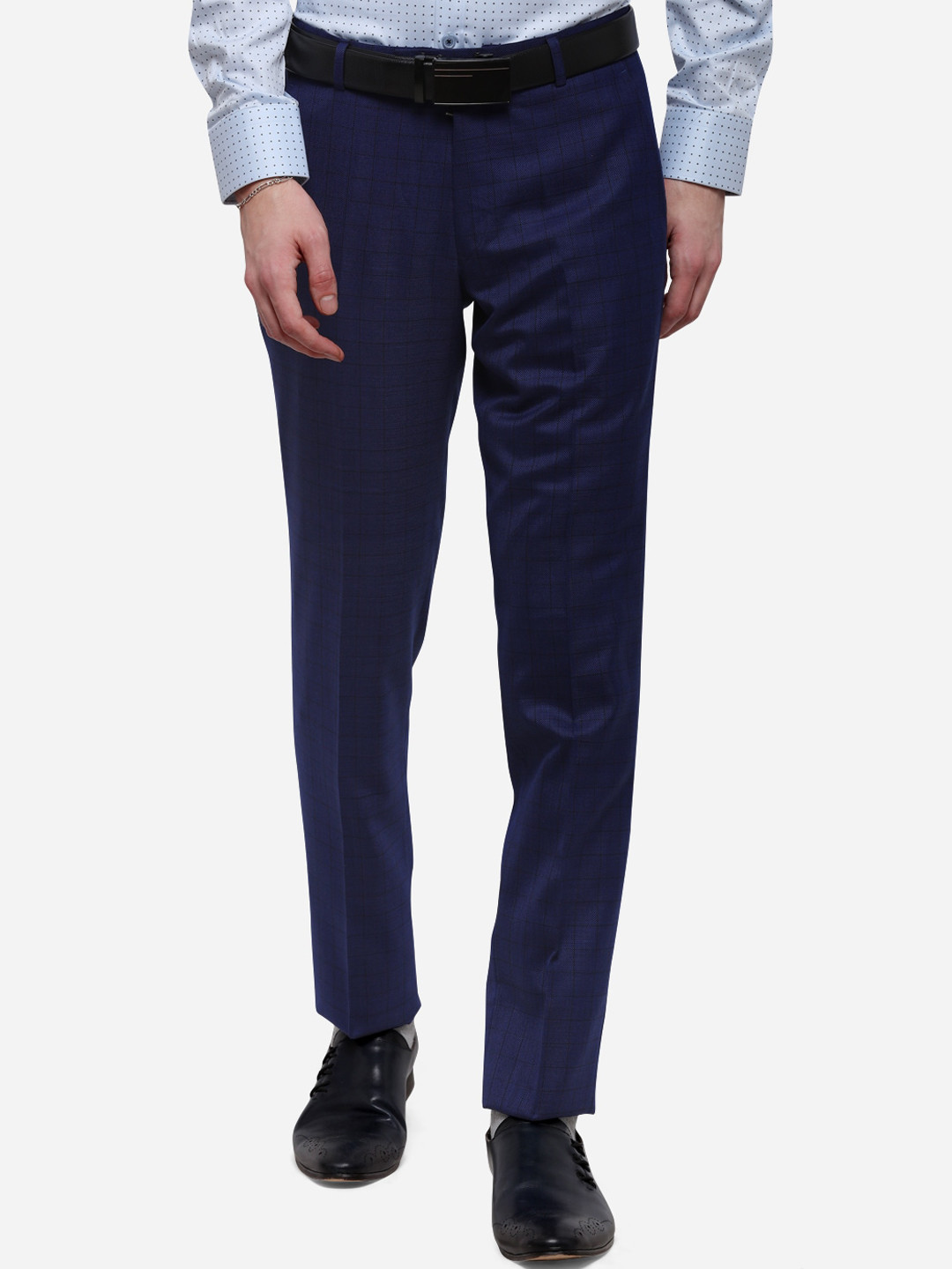METAL Men Blue Skinny Fit Checked Formal Trousers
