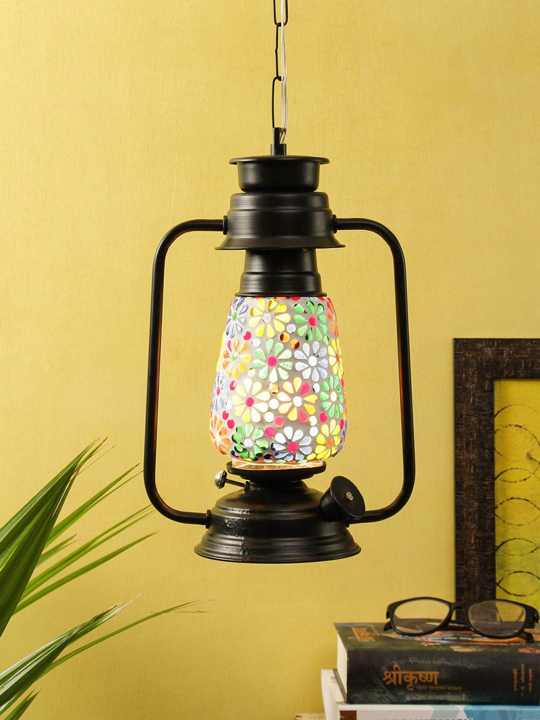 Devansh Multicoloured Self Design Mosaic Glass Hanging Lantern