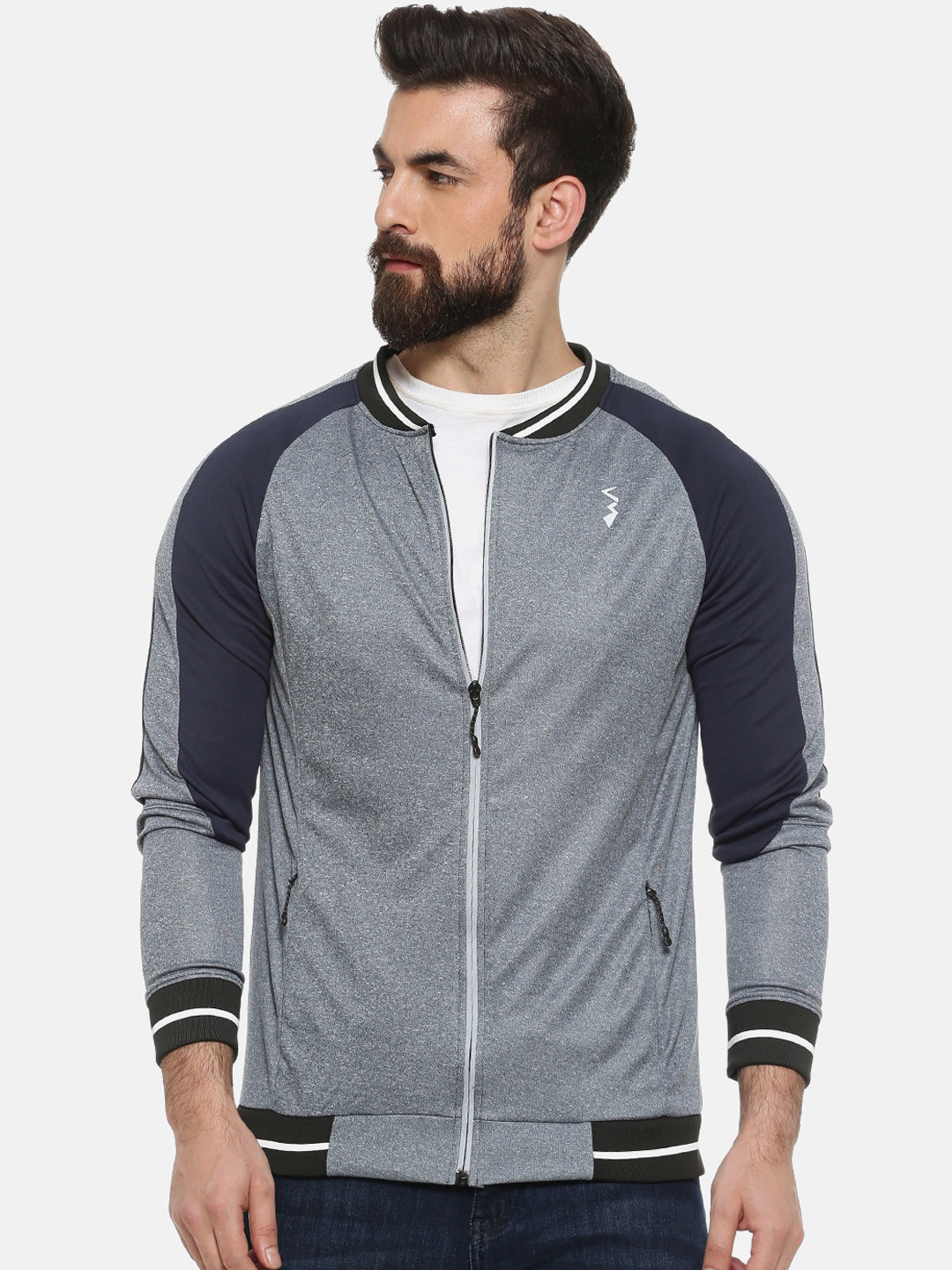 Campus Sutra Men Grey & Navy Blue Colourblocked Lightweight Varsity Jacket