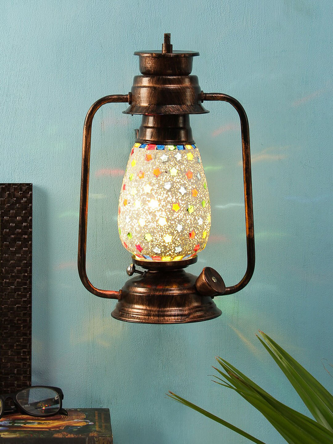Devansh Copper-Toned Mosaic Glass Wall Mounted Lantern