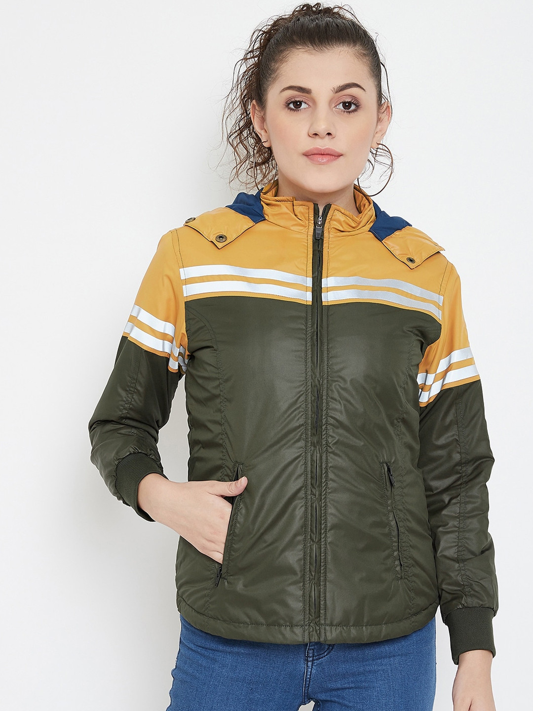 JUMP USA Women Olive Green & Yellow Colourblocked Lightweight Padded Jacket