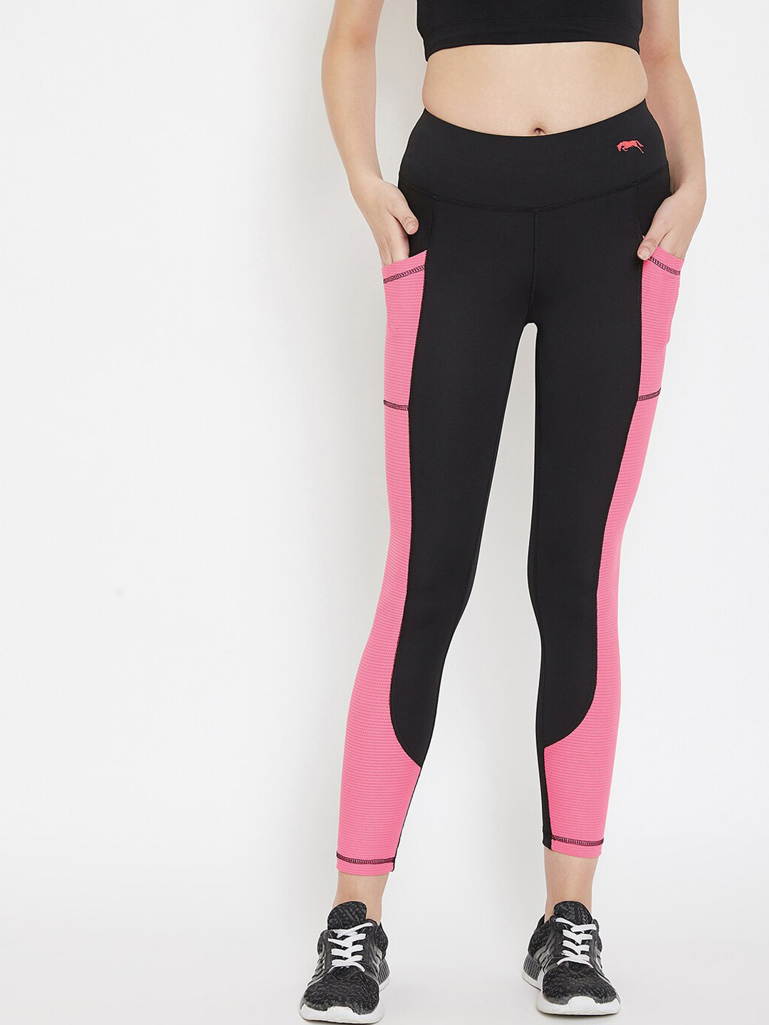 JUMP USA Women Black & Pink Colourblocked Slim-Fit Activewear Gym Tights