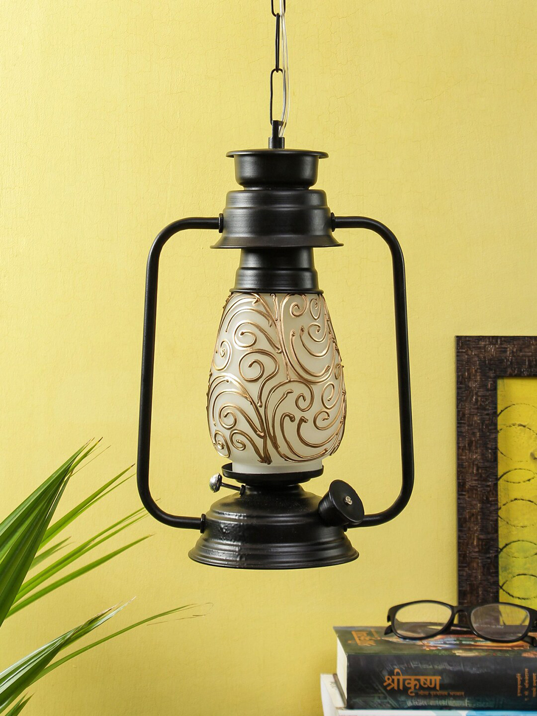 Devansh Beige & Black Printed Mosaic Glass Hanging Lantern