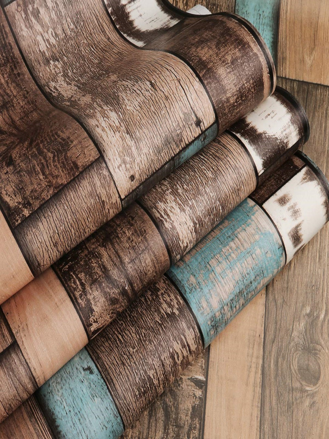 Jaamso Royals Brown & Blue Reclaimed Wood Plank Vintage Wallpaper