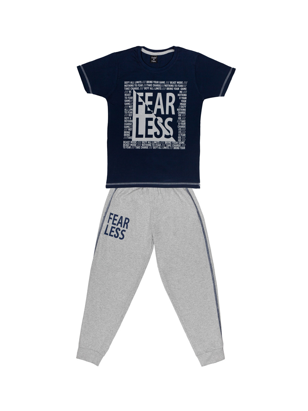 Todd N Teen Boys Navy Blue & Grey Melange Printed T-shirt with Pyjamas
