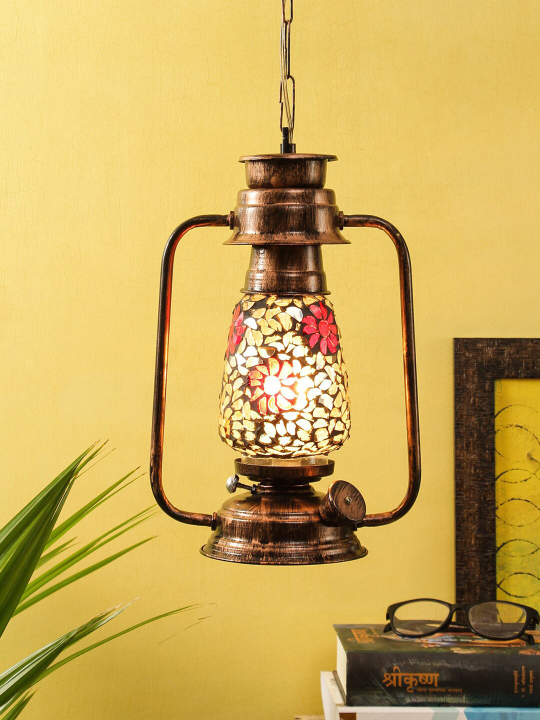 Devansh Multicoloured Solid Mosaic Glass Hanging Lantern