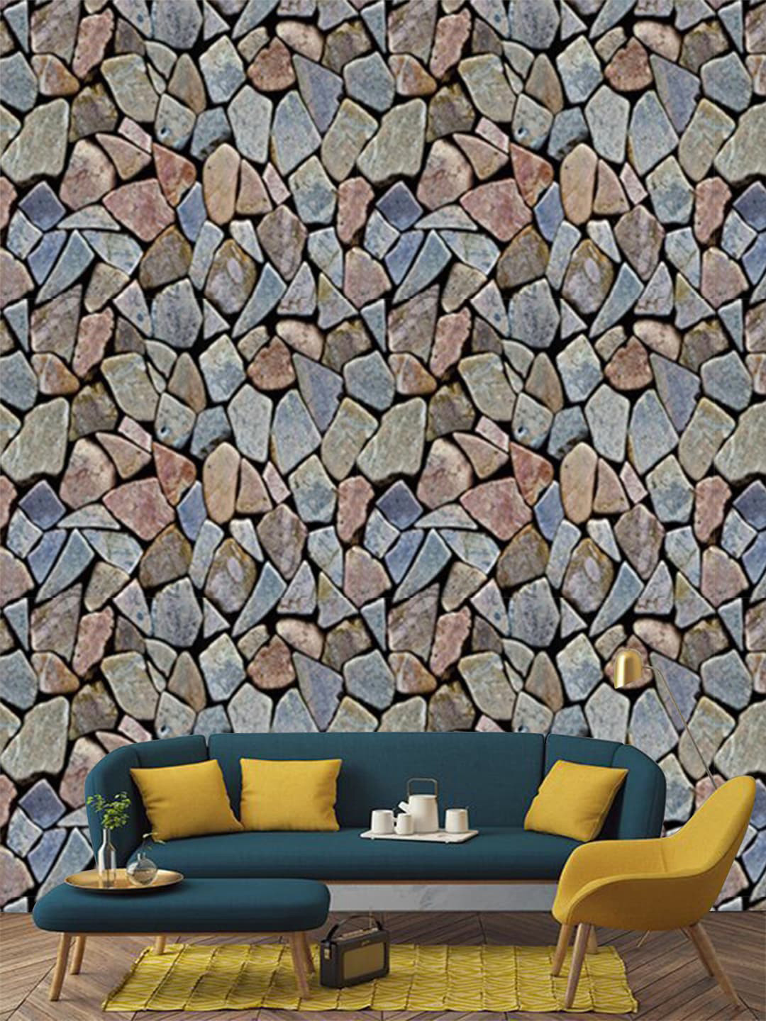 Jaamso Royals Grey & Brown Stone Brick Printed Self Adhesive Removable Wallpaper