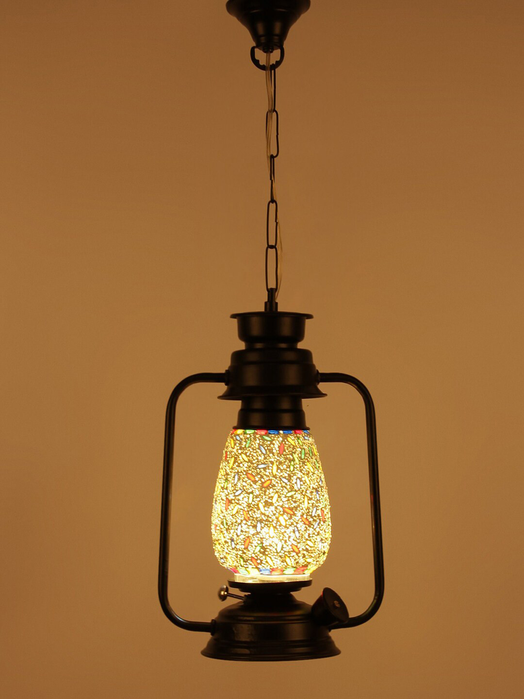Devansh Black & White Textured Mosaic Glass Hanging Lantern