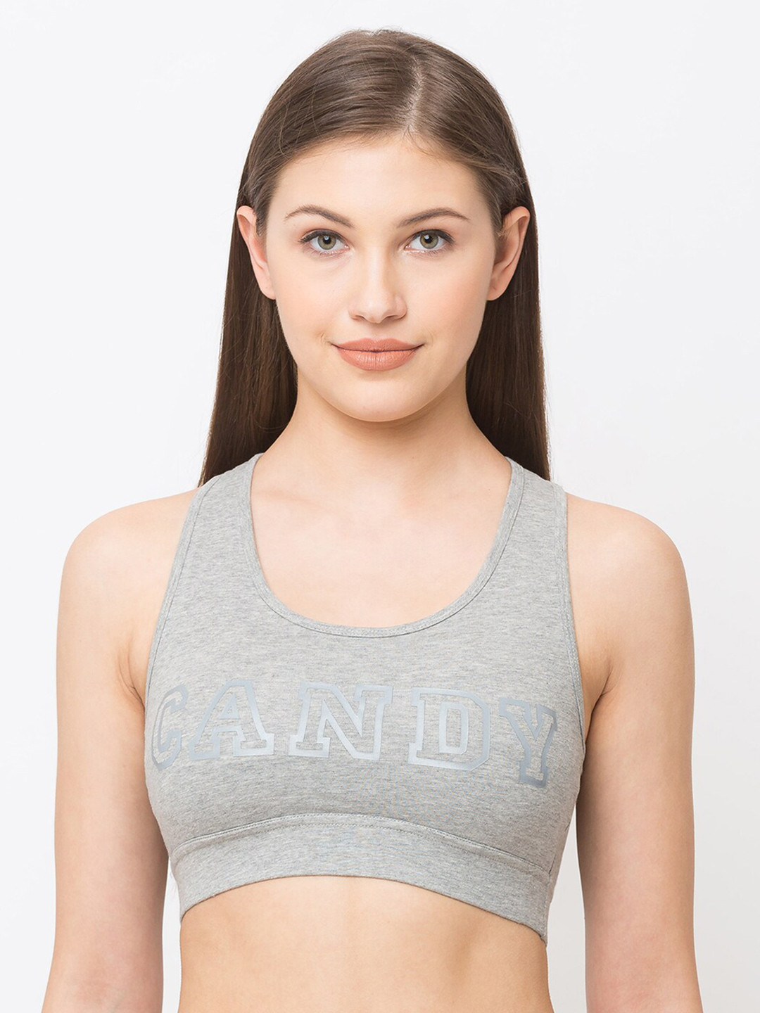 Candyskin Grey Melange Printed Non-Wired Lightly Padded Sports Bra CSSPORTB03