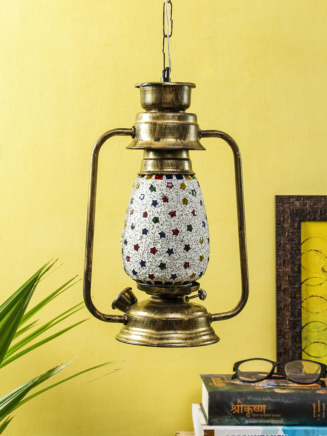 Devansh Gold-Toned & White Textured Traditional Milky Glass Hanging  Lantern