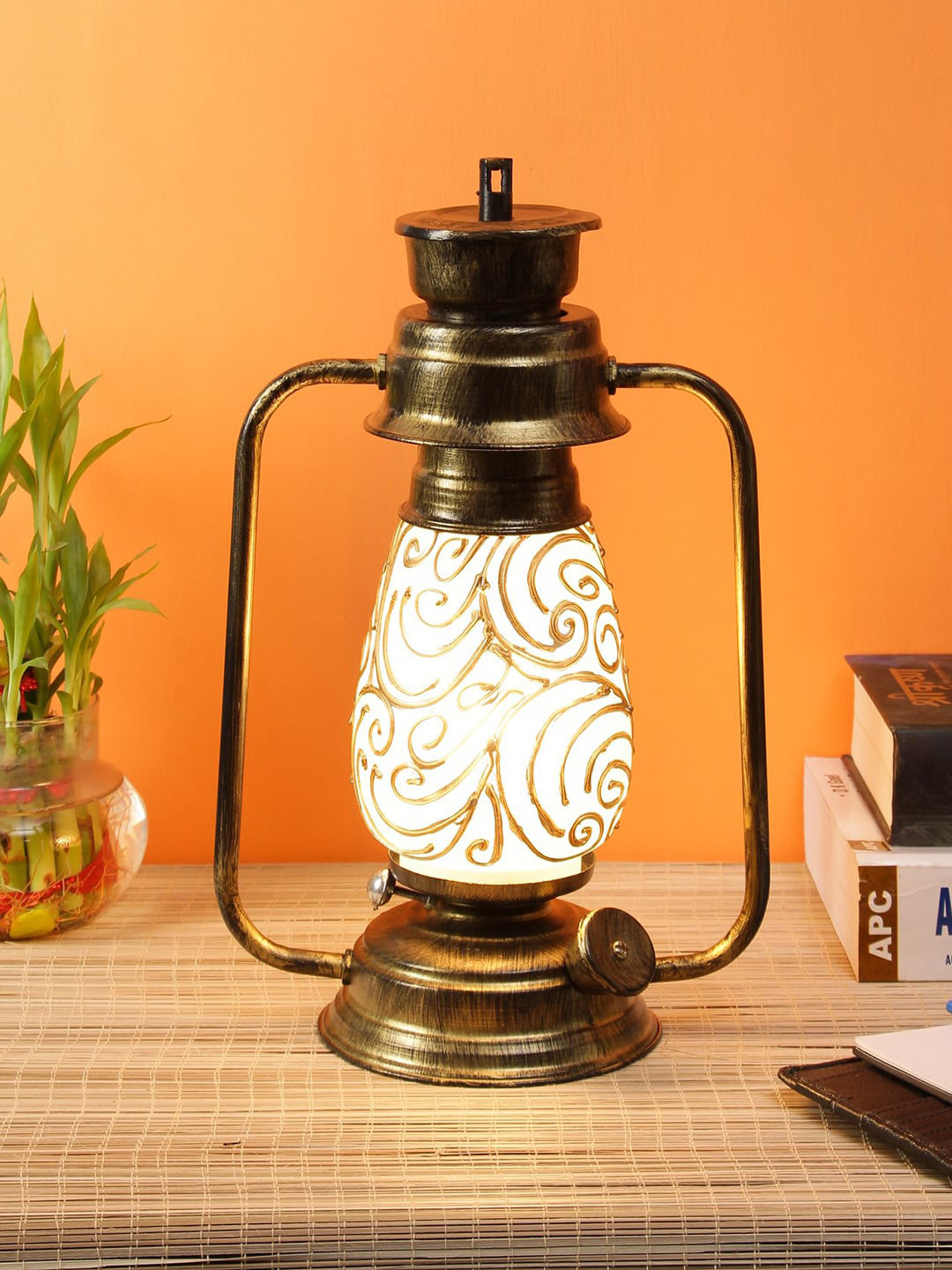 Devansh Bronze-Toned & Off-White Self Design Mosaic Table Lantern