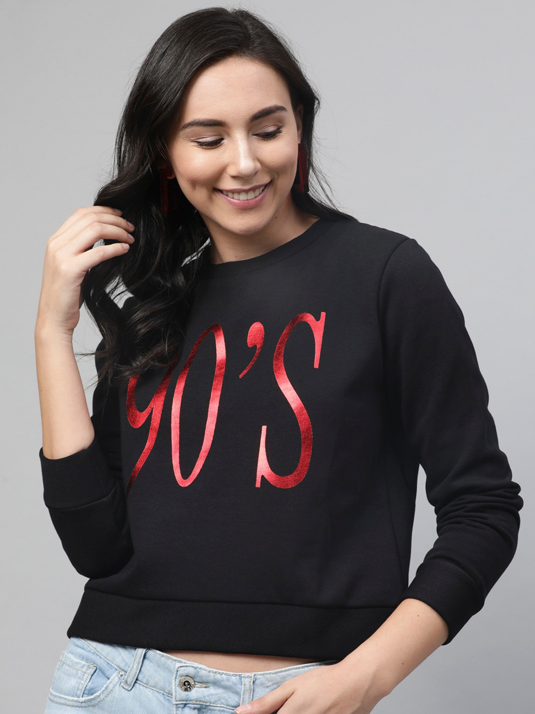 STREET 9 Women Black & Red Printed Sweatshirt
