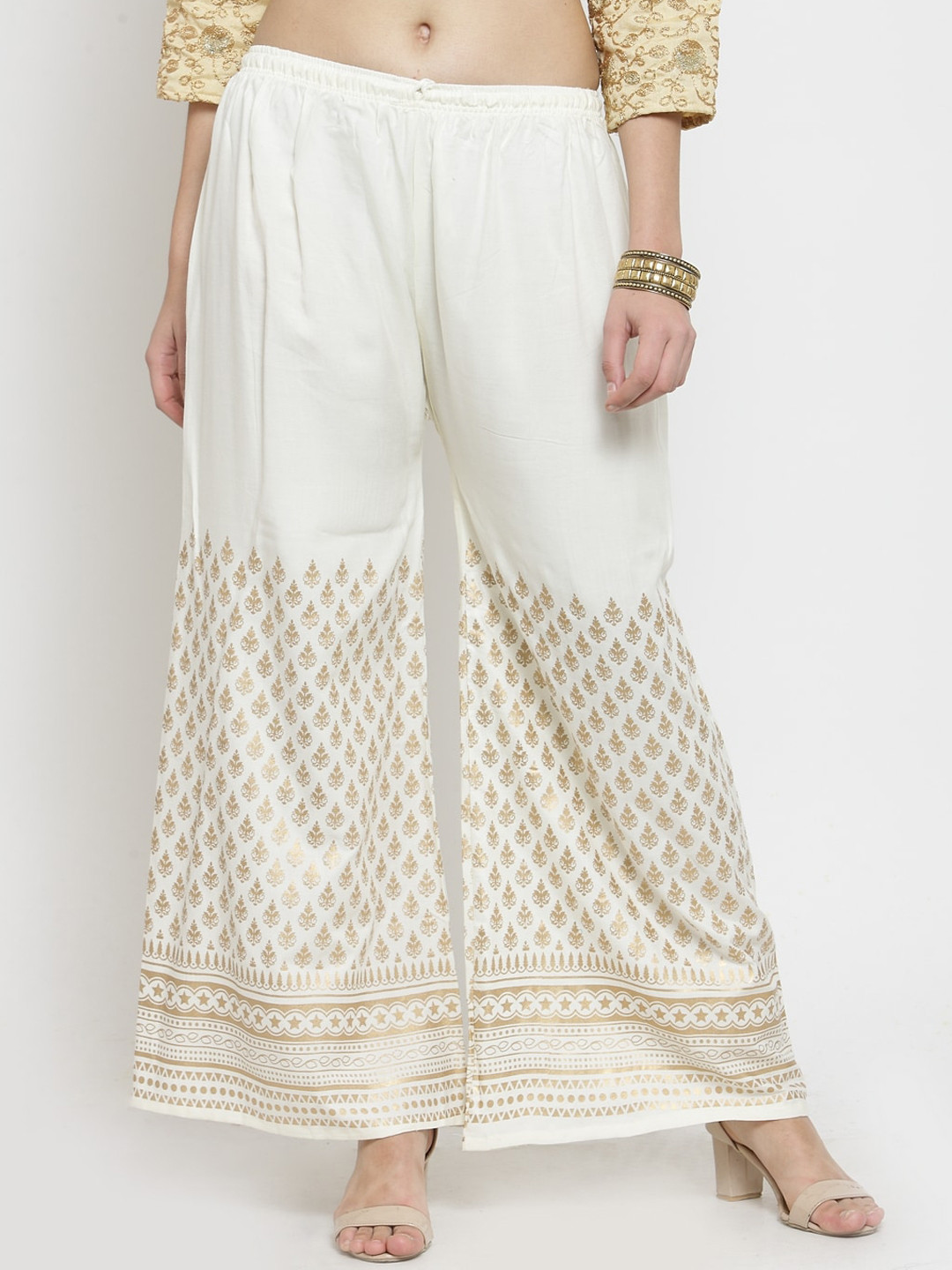 Clora Creation Women Off-White & Gold-Toned Hem Design Flared Palazzos