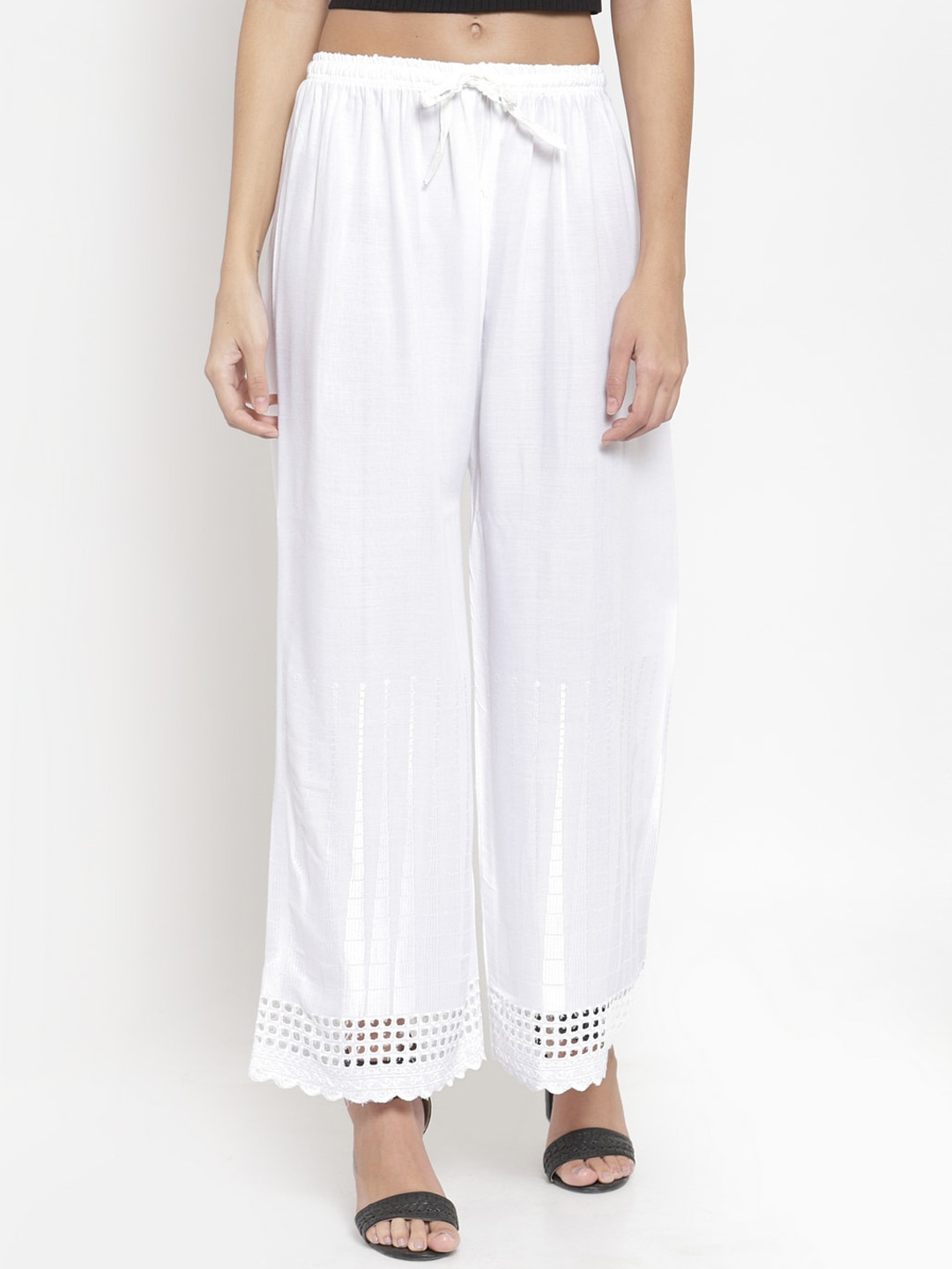 Clora Creation Women White Hem Design Straight Palazzos