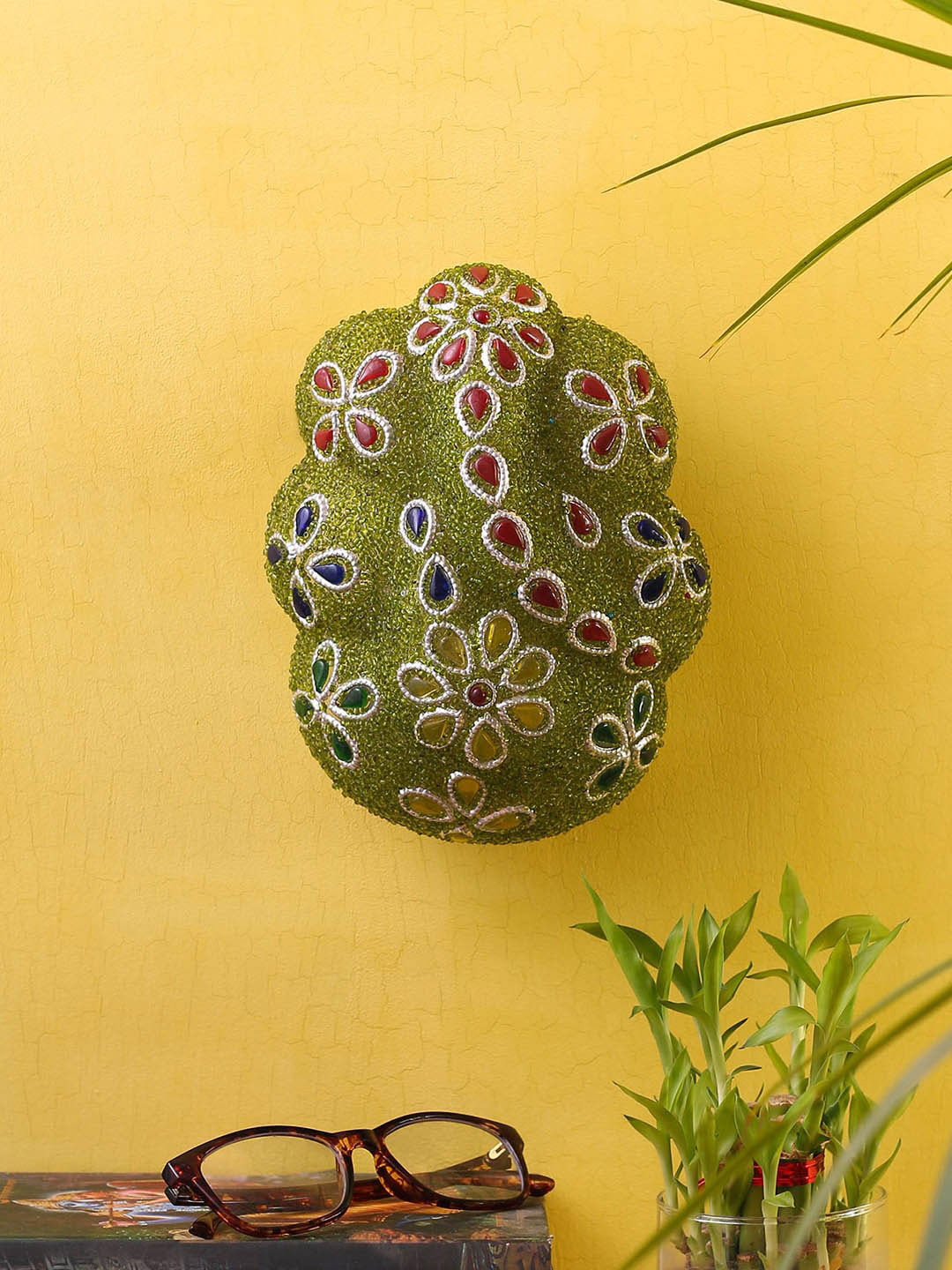 Devansh Green & Brown Solid Traditional Ganesh Ji Flush Mount Wall Lamp