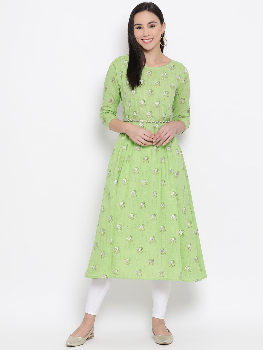 Span Women Green & Off-White Printed A-Line Kurta