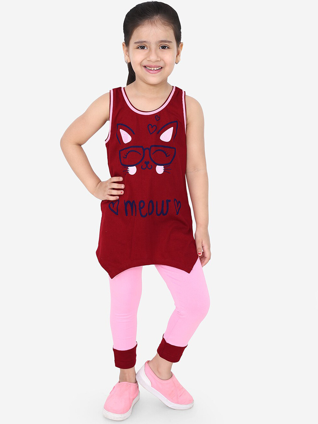 Naughty Ninos Girls Maroon & Pink Printed T-shirt with Leggings