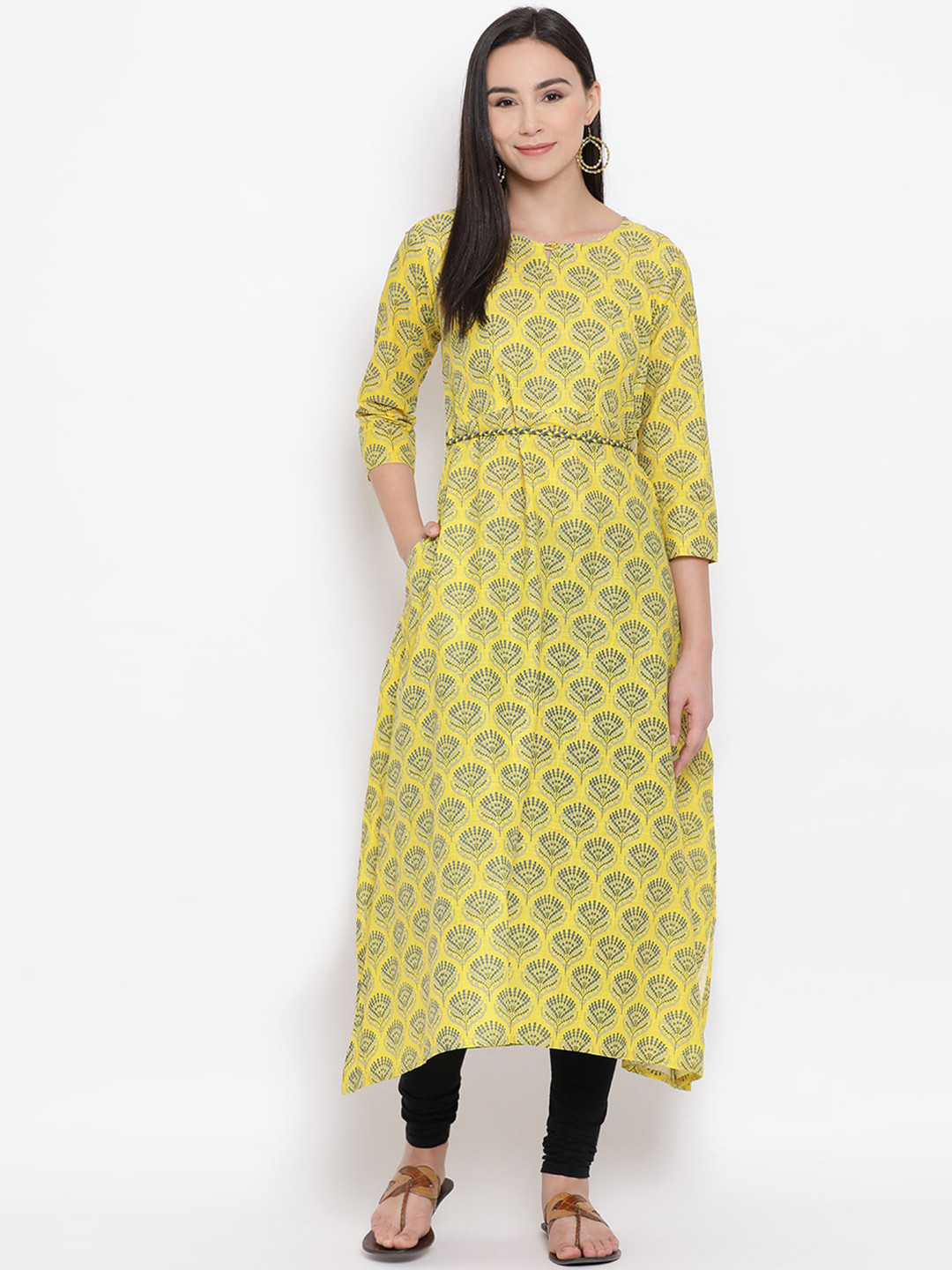 Span Women Yellow Printed Straight Kurta