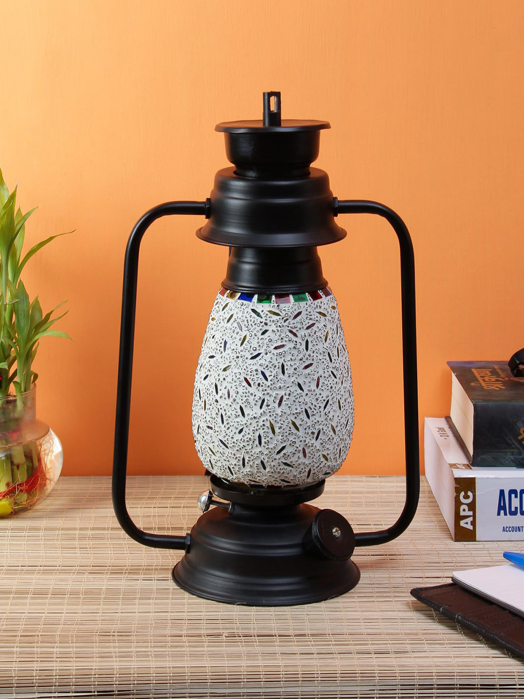 Devansh Black & Grey Textured Traditional Mosaic Glass Table Lantern