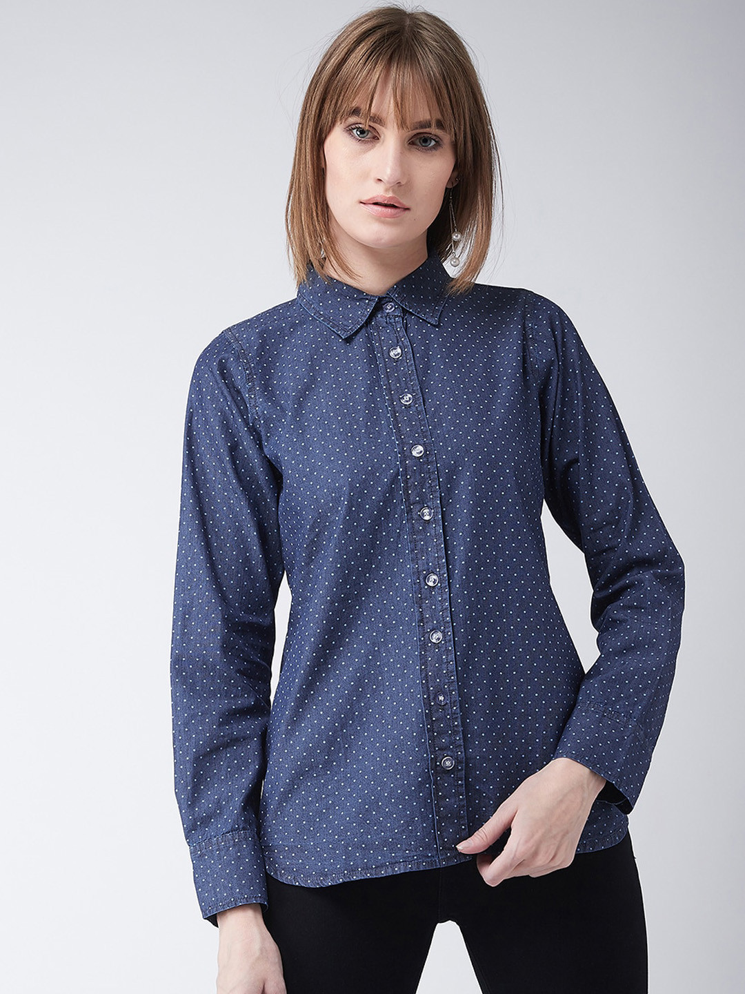 Miss Chase Women Navy Blue Regular Fit Printed Casual Denim Shirt