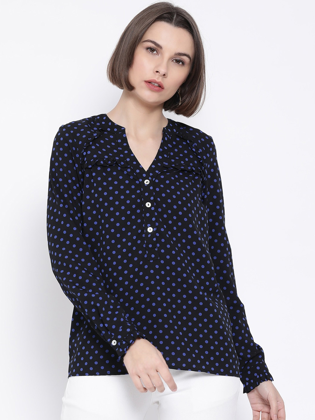 Oxolloxo Women Navy Blue Printed Shirt Style Top