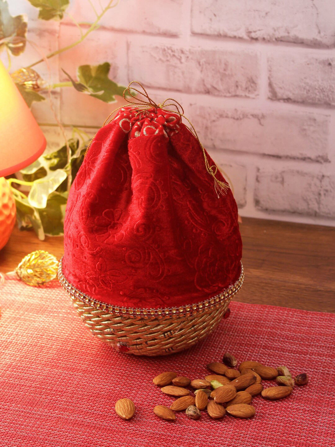 Aapno Rajasthan Red Self-Design Fabric Multipurpose Basket