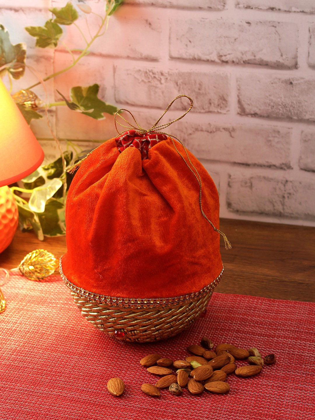 Aapno Rajasthan Orange & Gold-Toned Woven-Design Fabric Multipurpose Basket