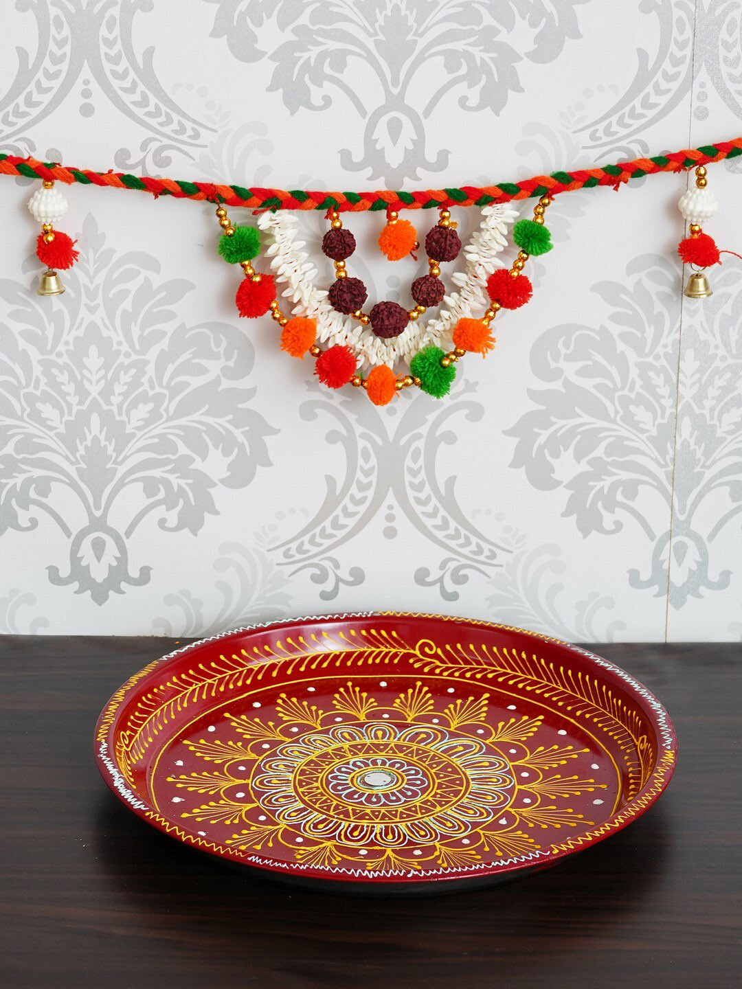 eCraftIndia Red & White Handcrafted Decorative Pooja Thali with Toran Door Hanging