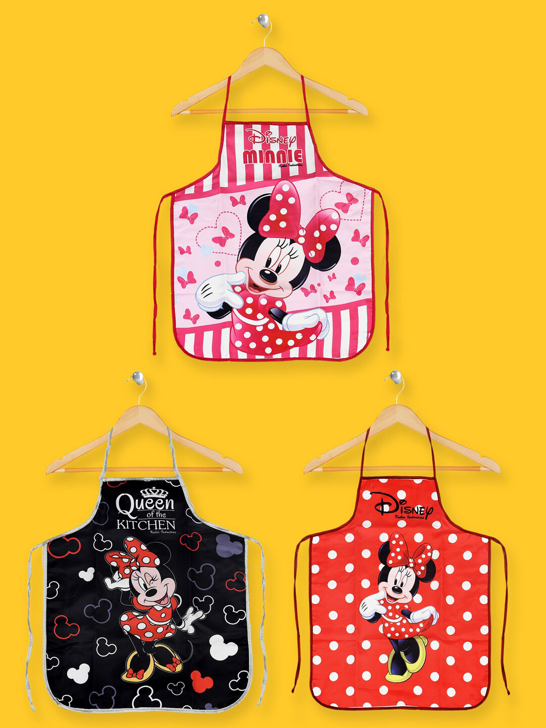 Kuber Industries Unisex Pack Of 3 Red & White Disney Minnie Print Silk Waterproof Kitchen Aprons