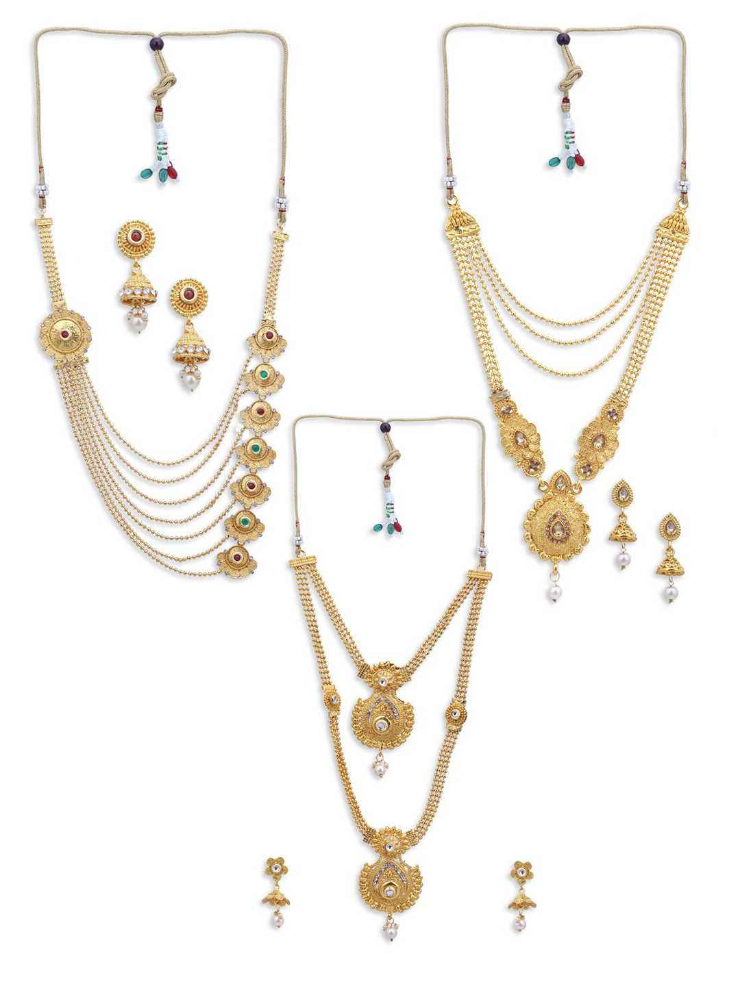 Sukkhi Set of 3 Gold-Plated White & Red Artificial Stone-Studded & Pearl Beaded Layered Jewellery Set