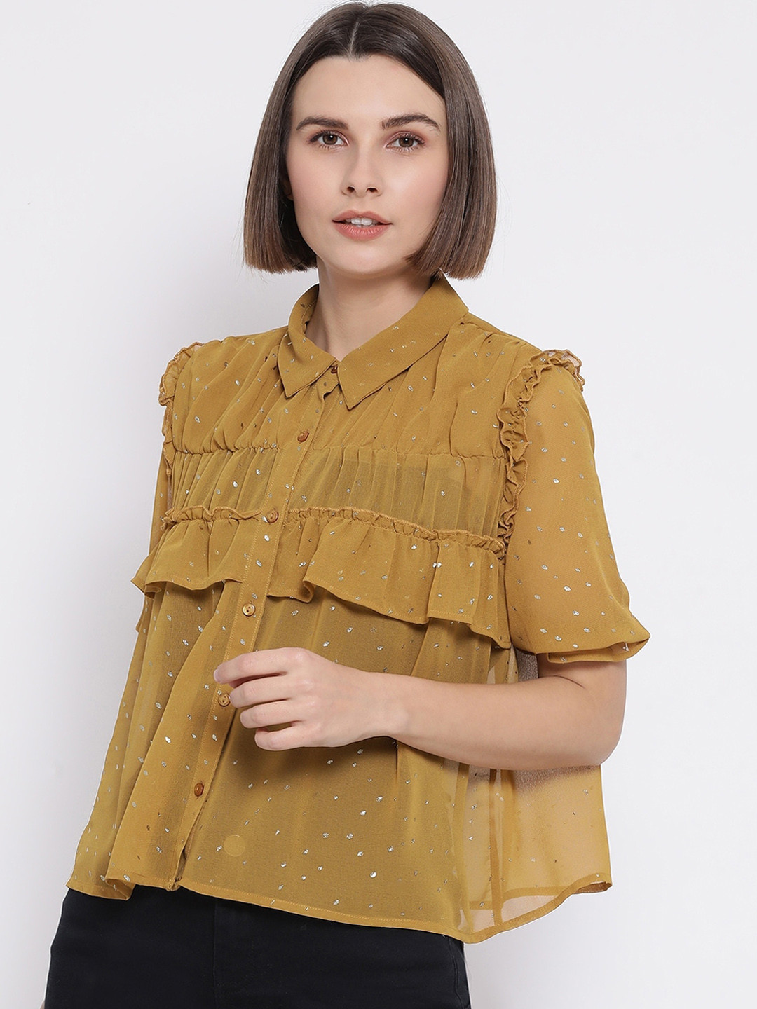 Oxolloxo Women Mustard Yellow Regular Fit Solid Ruffle Casual Shirt