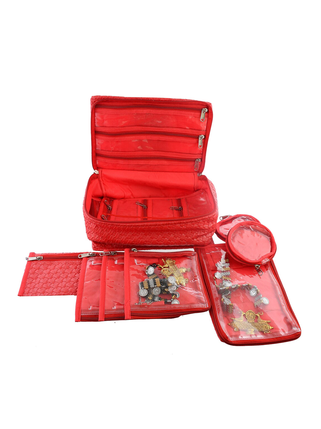 Kuber Industries Red & Transparent Sustainable Locker Jewellery Kit with 12 Pouches
