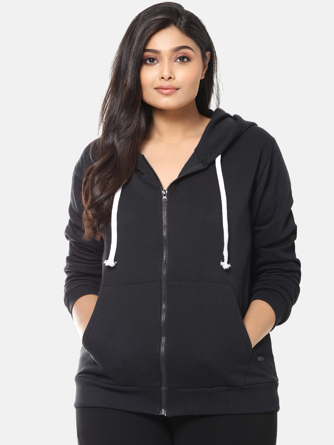 Instafab Plus Women Black Solid Hooded Sweatshirt