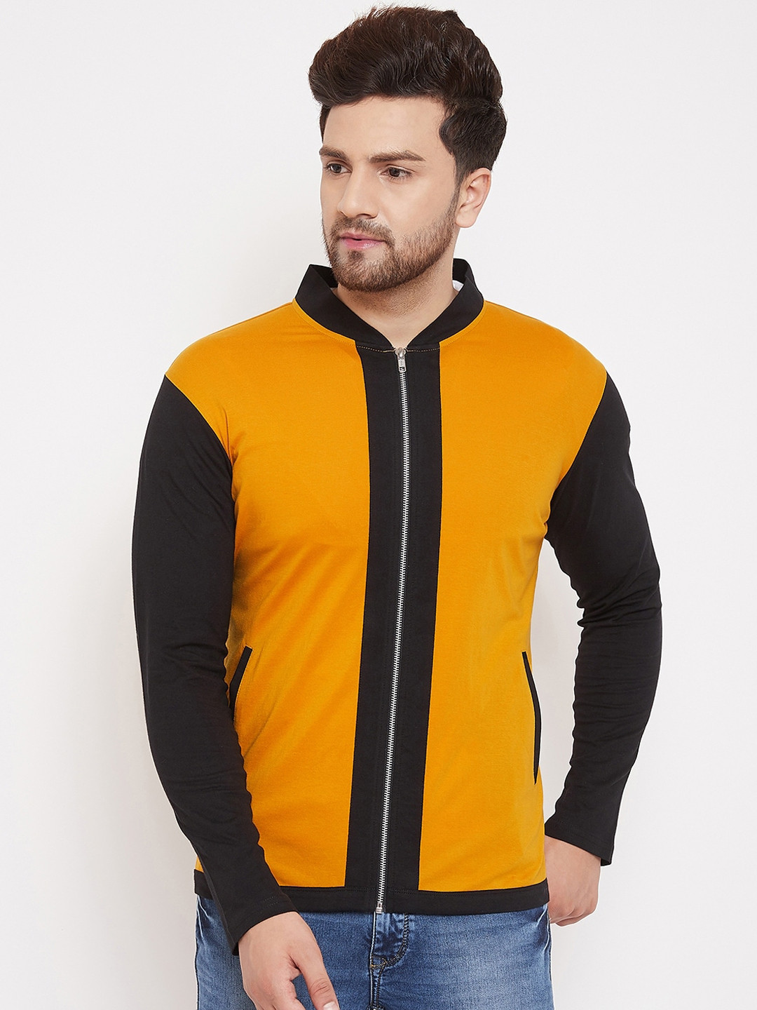 Hypernation Men Yellow Colourblocked High Neck T-shirt