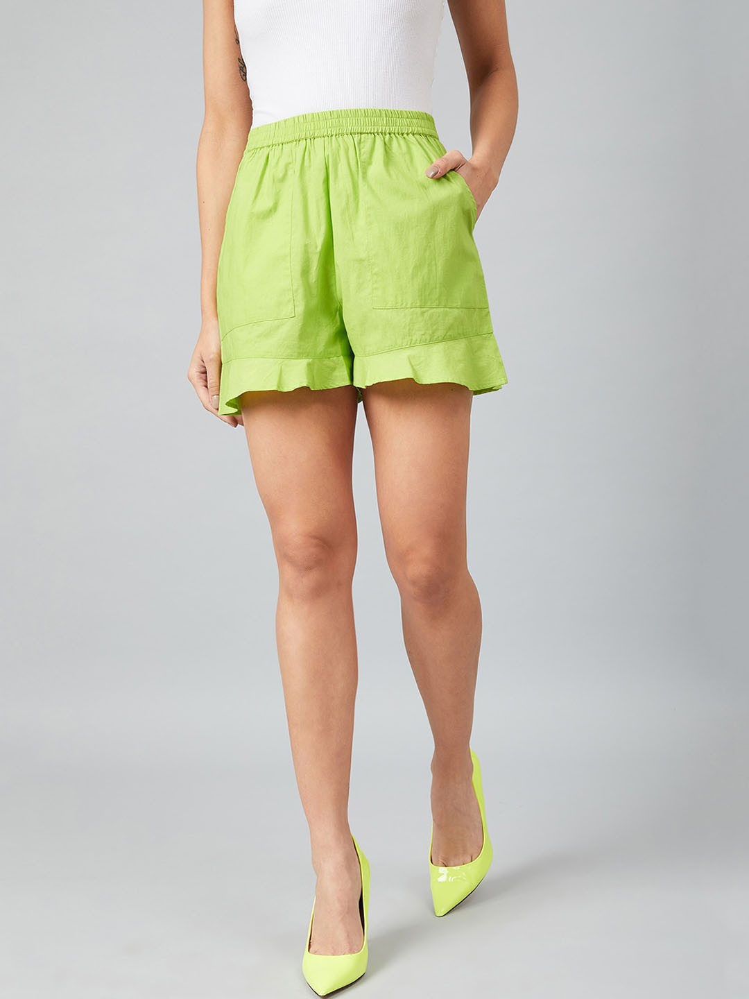 Athena Women Lime Green Solid Regular Fit Regular Shorts