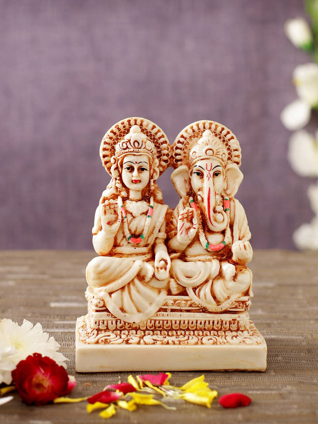 TIED RIBBONS Laxmi Ganesha Beige Polyresin Glossy Prayer Room Small Showpiece - 5.9 Inches