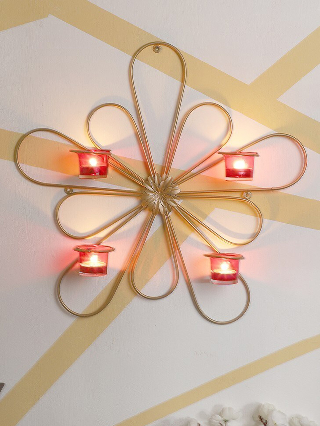 Homesparkle flower iron Wall Sconce Glass Votive tealight Candle Holder| Set of 1 (Gold)