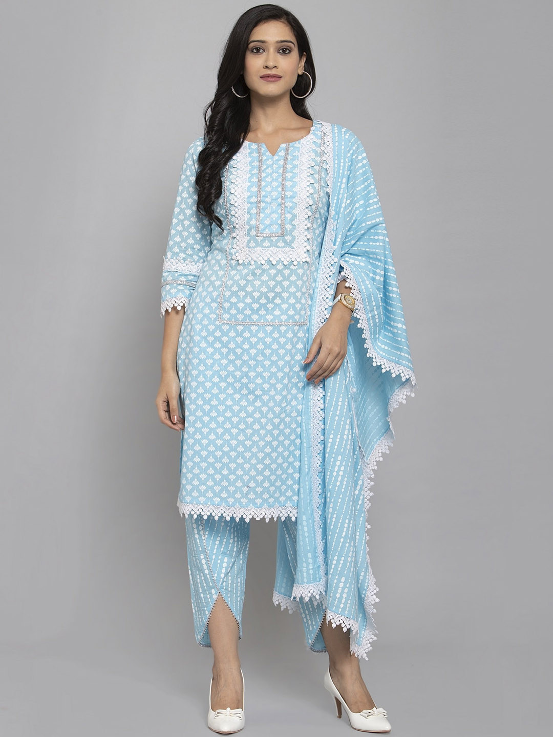 Get Glamr Women Blue & White Printed Kurta with Dhoti Pants & Dupatta