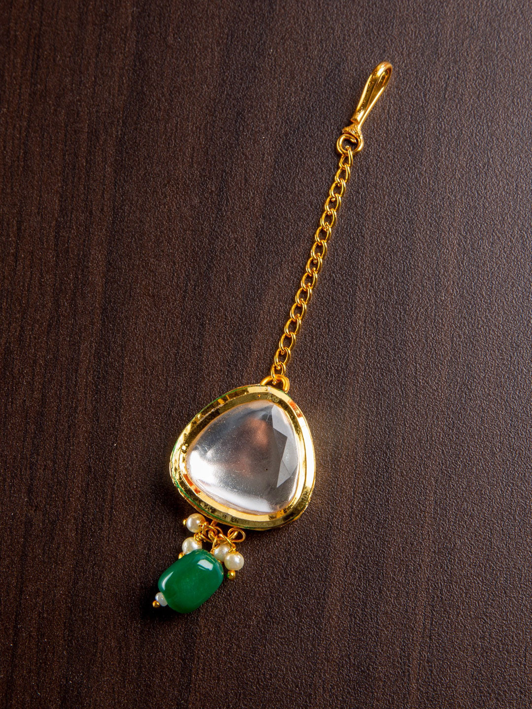 MORKANTH JEWELLERY Women Gold-Plated White & Green Pachi Kundan-Studded Maang Tikka