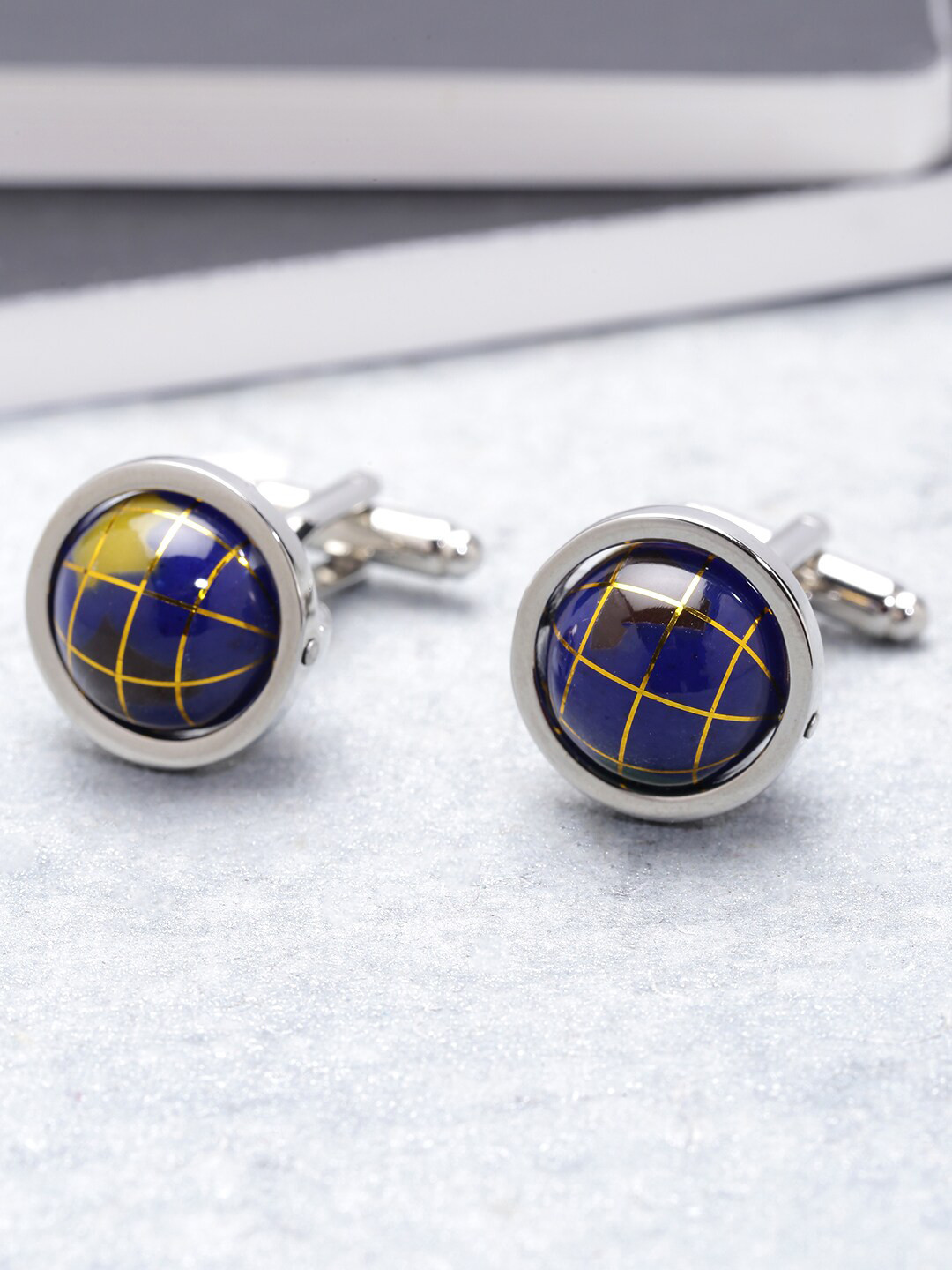 Yellow Chimes Navy Blue & Silver-Toned Round Cufflinks