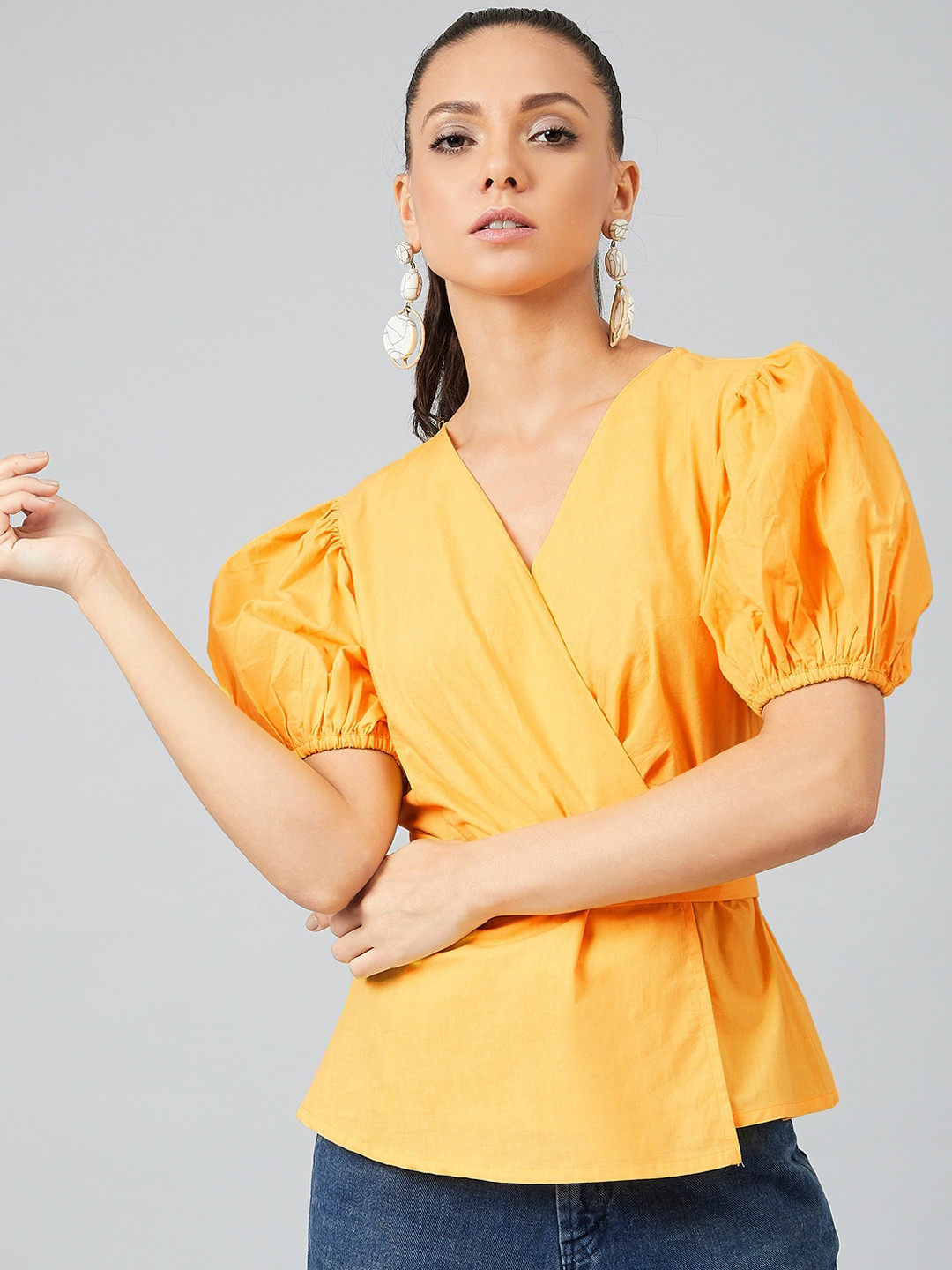 Athena Women Yellow Solid Wrap Top