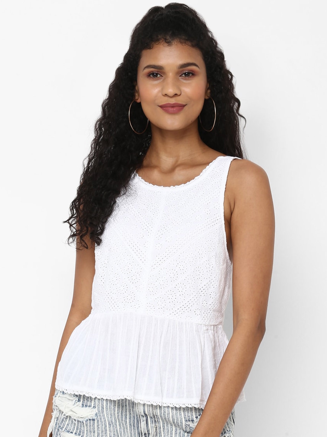 AMERICAN EAGLE OUTFITTERS Women White Self Design Peplum Pure Cotton Top