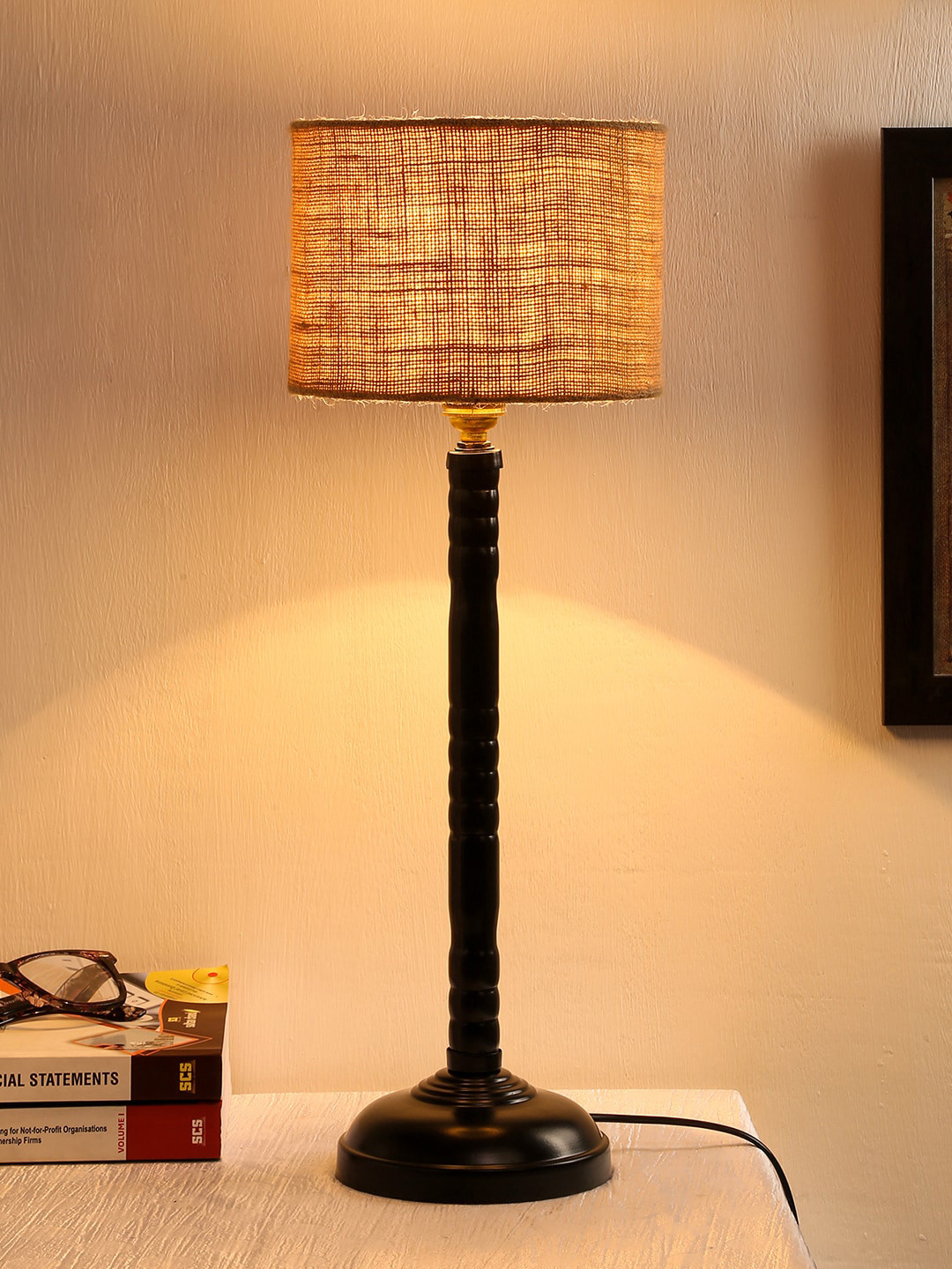 Devansh Beige Textured Traditional Table Lamp With Jute Shade