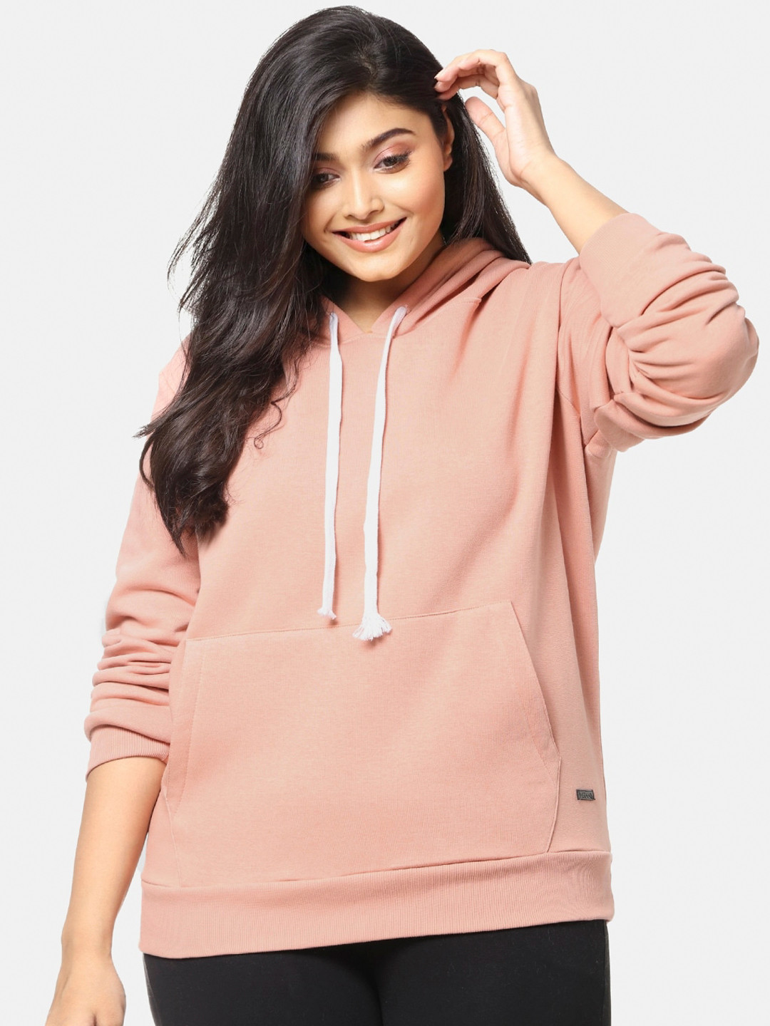 Instafab Plus Women Pink Solid Hooded Sweatshirt