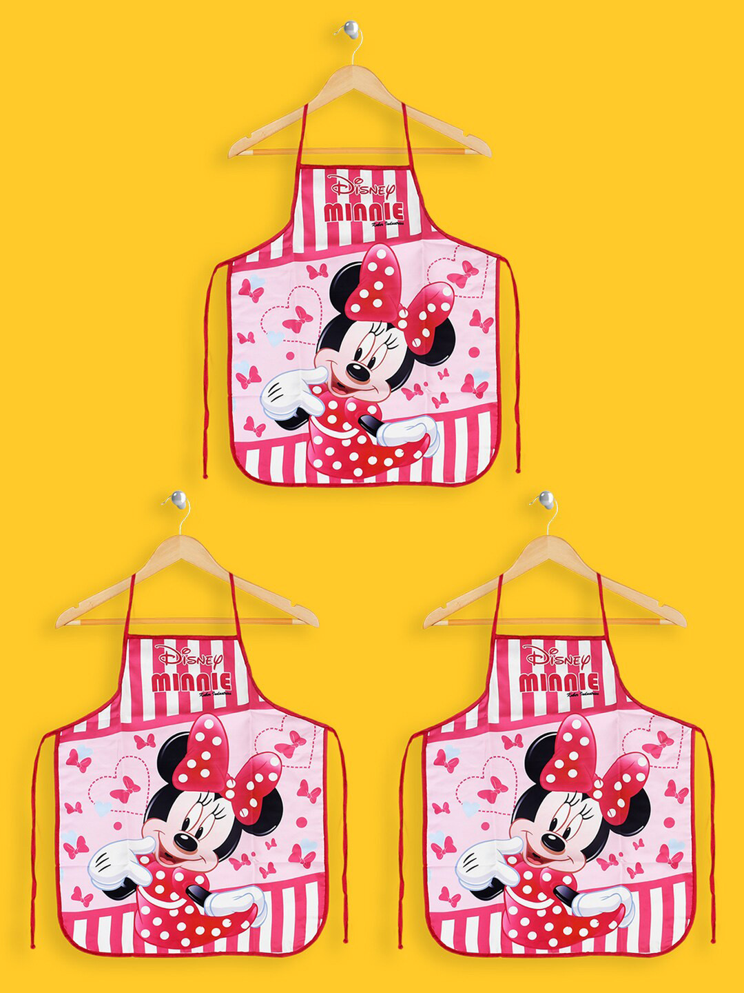 Kuber Industries Unisex Pack Of 3 Pink & Red Disney Minnie Print Silk Waterproof Kitchen Aprons
