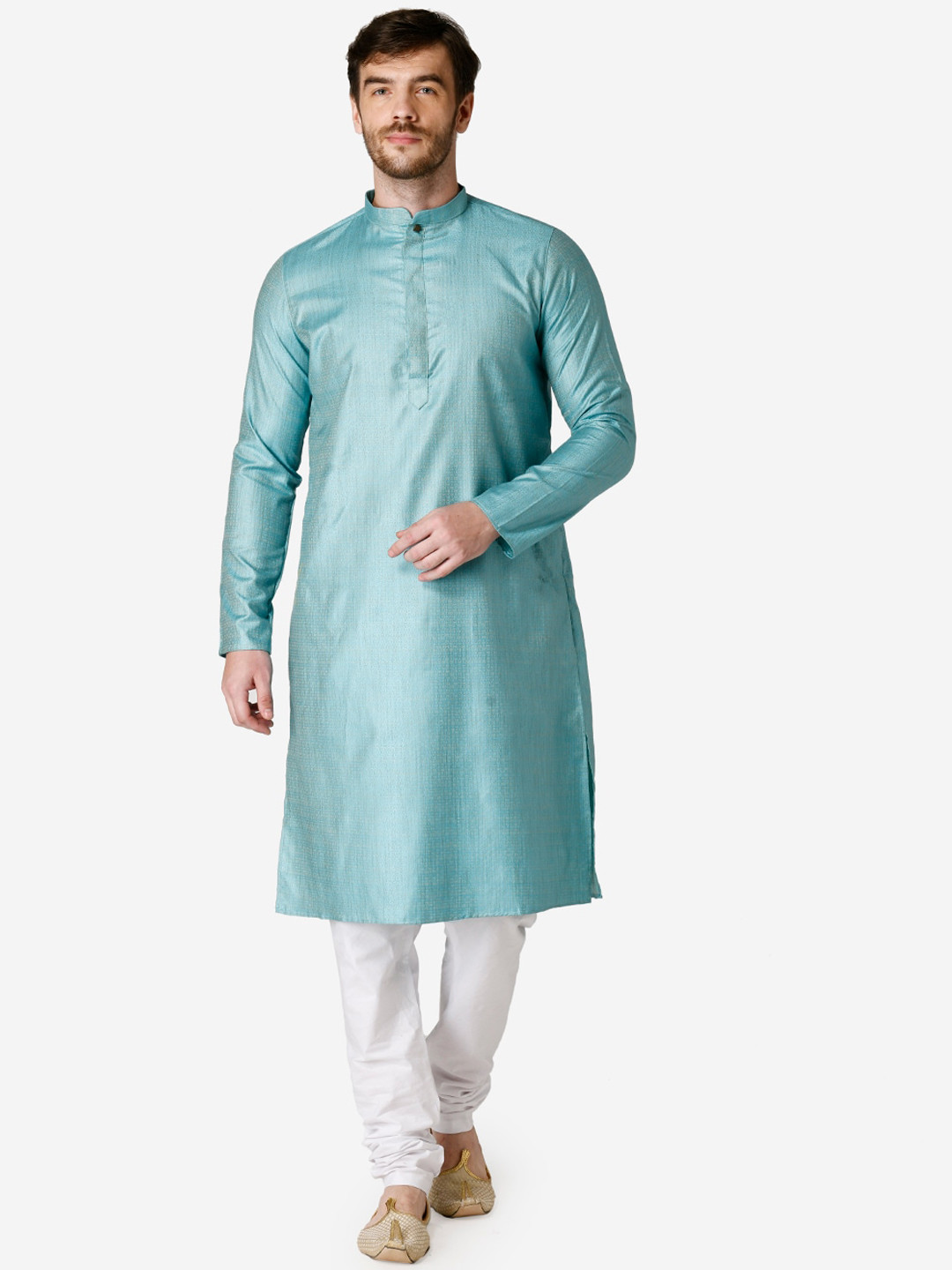 TABARD Men Blue & White Self Design Kurta with Pyjamas