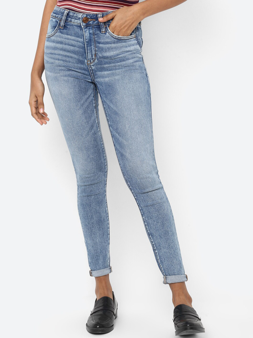 AMERICAN EAGLE OUTFITTERS Women Blue Solid High Waisted Jegging