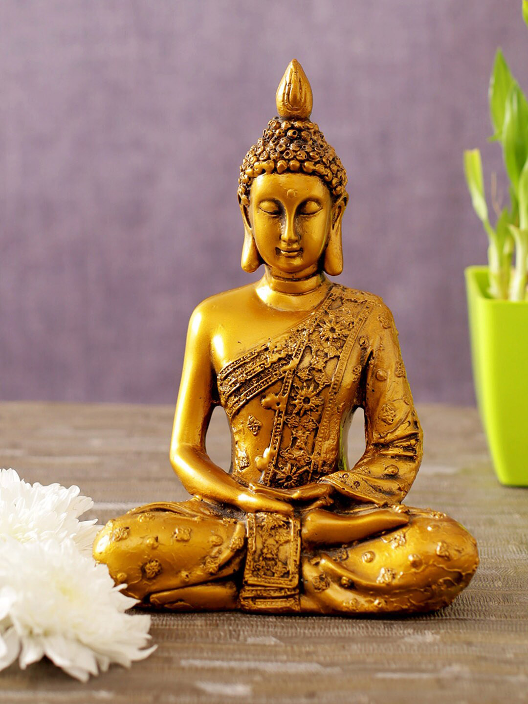 TIED RIBBONS Buddha Gold Polyresin Glossy Living Room Small Showpiece - 7.3 Inches
